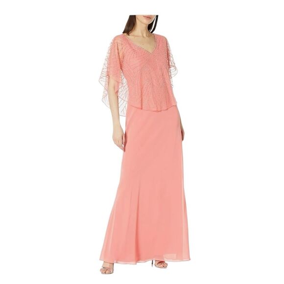 NWT J Kara Women's Geometrical Capelet Beaded Maxi Dress Coral v neck sz 18‎ - Picture 1 of 13